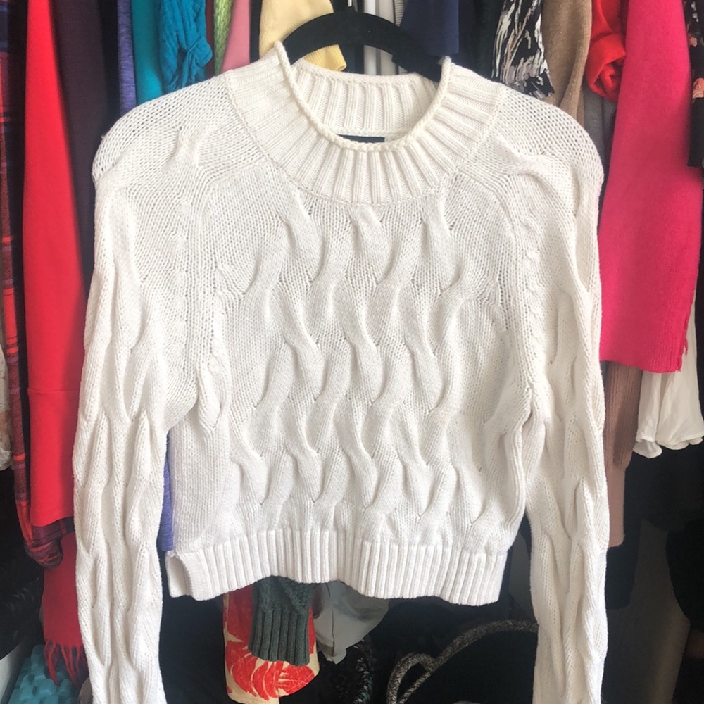 White BR Cropped High Neck Cable sweater